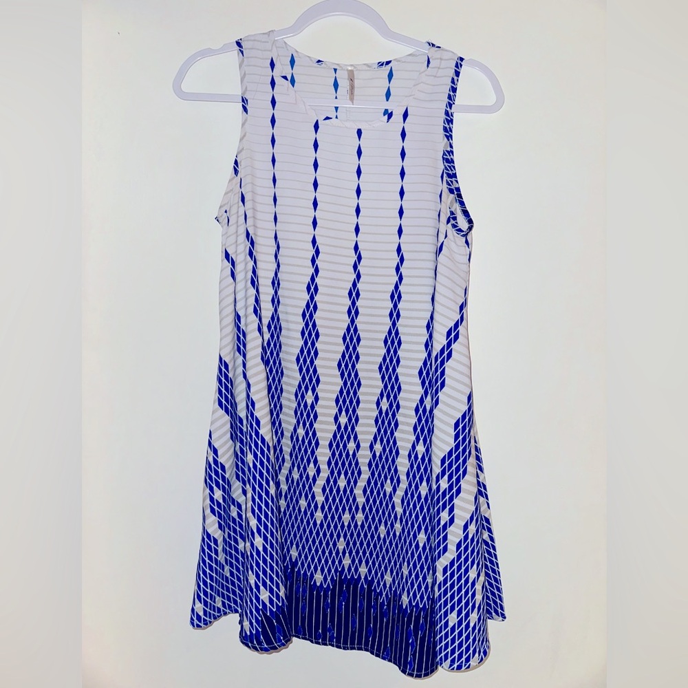 42Pops Blue/Tan/Creme Geometric Pattern Sleeveless Dress with Pockets
